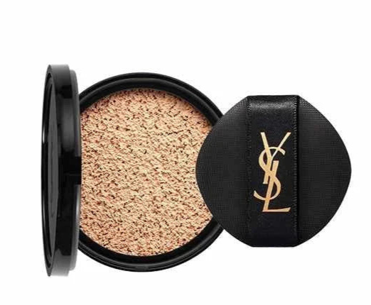 YSL Cushion Foundation luxury beige shade with black compact and applicator puff showcasing smooth, radiant finish.