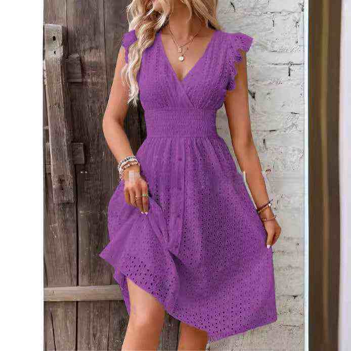 Plus-size V-neck women's fashion dress with ruffle sleeves and cut-out details in purple.