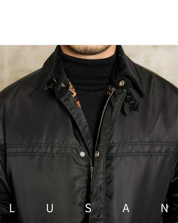 Mr. Lusan jacket Italian black lightweight water-resistant insulated with corduroy collar and metal zipper