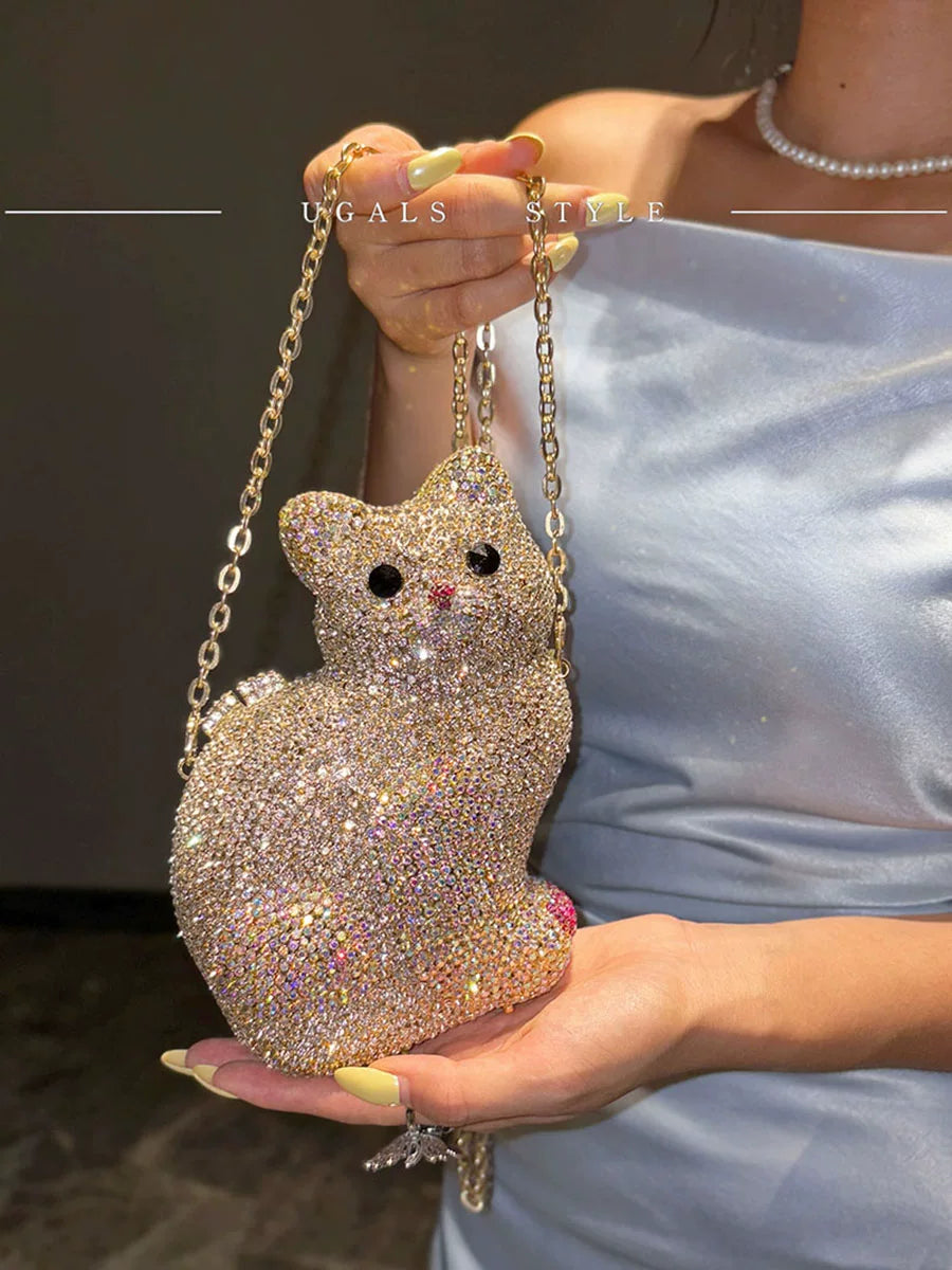 UGALS Heavy Industry Retro Celebrity Full Water Diamond Glass Cute Cartoon Kitten Banquet Hand Handle Crossbody Bag