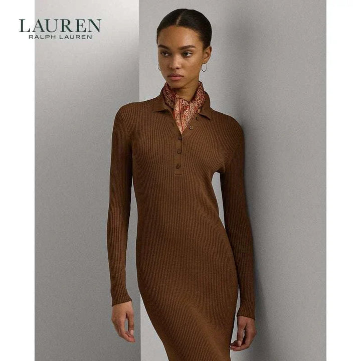 فستان محبوك بني للنساء من لورين بأكمام طويلة وقبة بولو بتصميم كلاسيكي أنيق