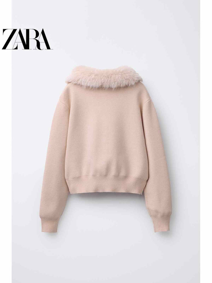 ZARA كارديجان نسائي بأكمام طويلة وياقة فرو أنيقة باللون البيج