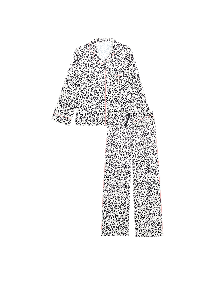 Victoria's Secret women's satin leopard print pajama set with button-up top and drawstring pants