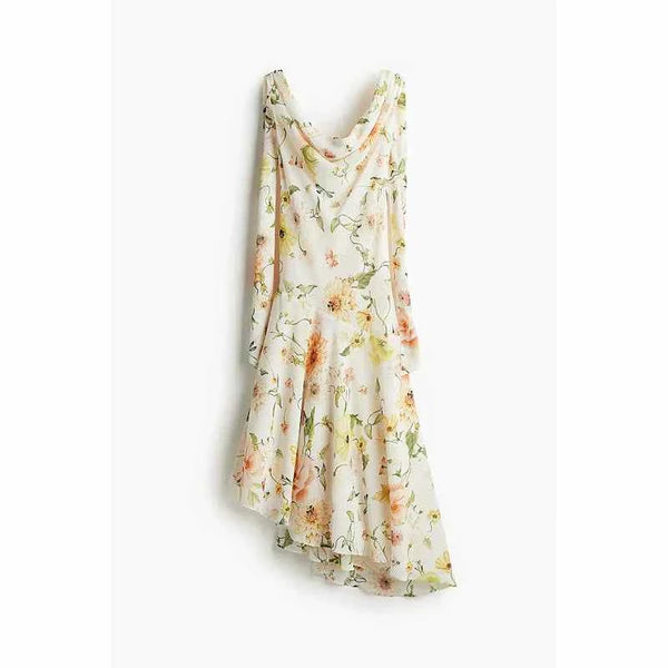 H&M floral crepe midi dress with asymmetric hem and wide neckline.