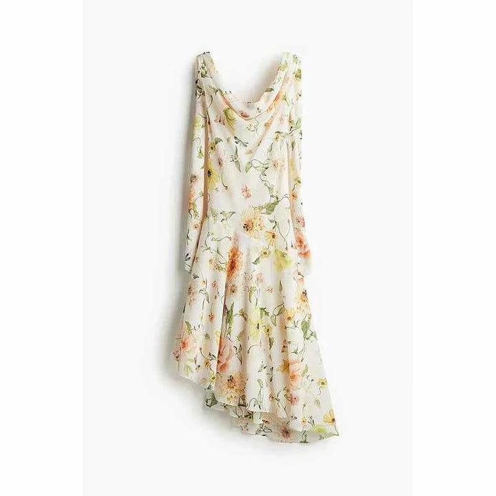 H&M floral crepe midi dress with asymmetric hem and wide neckline.