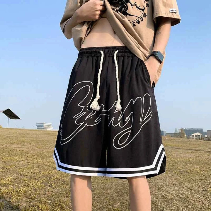 Black Ice Silk sports shorts with white graffiti print and adjustable drawstring waistband for men