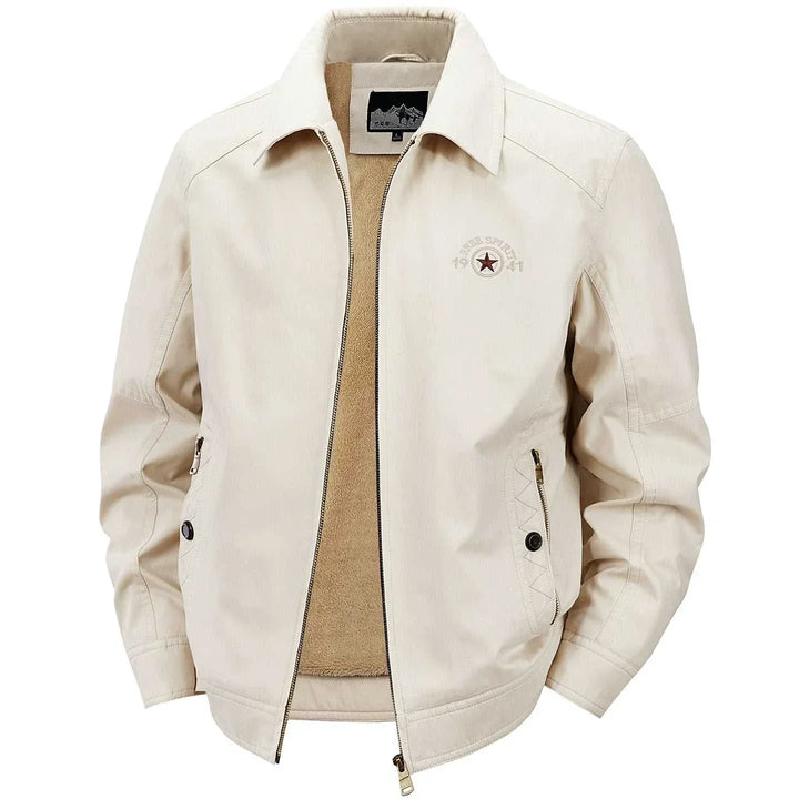 جاكيت ستار للرجال مبطن بفليس ناعم وبلون بيج أنيق مع سحّاب وجيوب متعددة