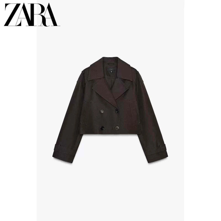 معطف ترنش نسائي قصير لون بني بسحاب وأكمام طويلة من مجموعة ZARA2025 لخريف النساء