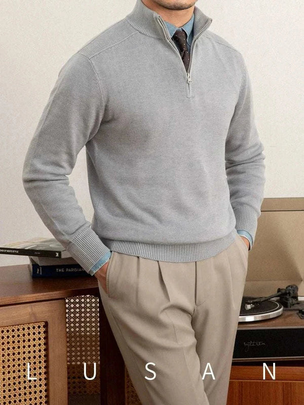 Mr. Lusan Italian slim stand collar sweater in light gray with zip and ribbed cuffs for a sleek fit
