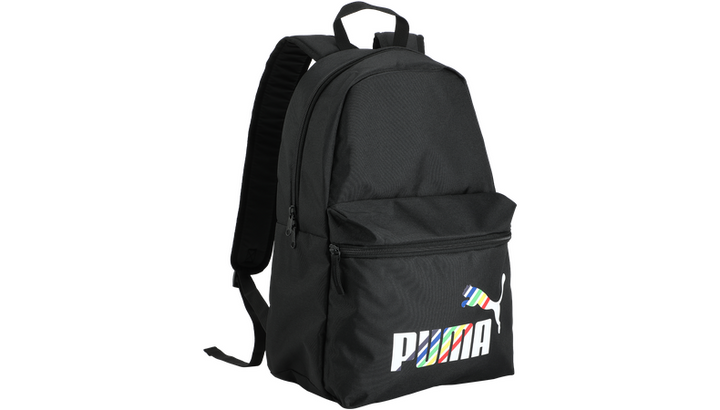 Black PUMA backpack with colorful logo, durable fabric, padded adjustable straps, and multiple compartments for everyday use.