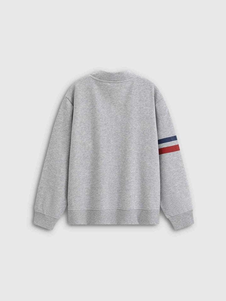 Grey unisex Gap Sweater with navy and red stripes on sleeve, casual comfortable design
