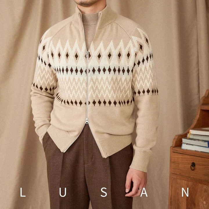 Mr. Deer Three Indian Sweater cardigan slim fit beige geometric knit with zipper and high collar