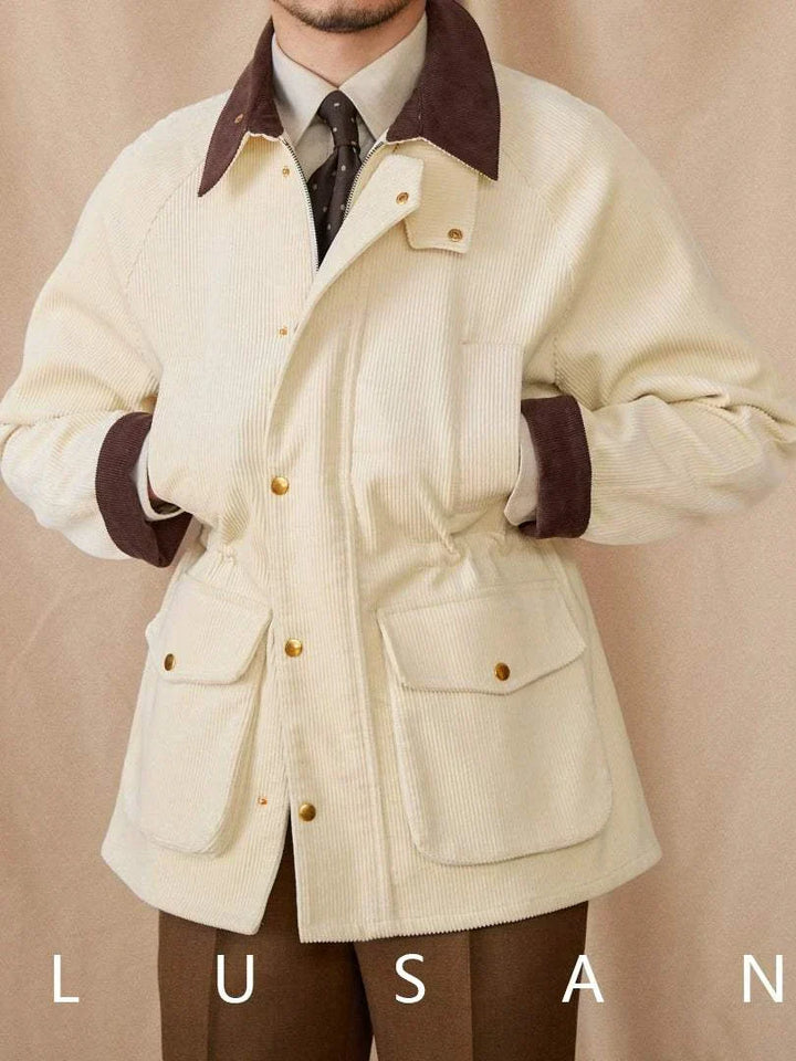 Mr. Lusan جاكيت jacket British cream corduroy with brown collar and cuffs, gold button pockets, adjustable waist for men