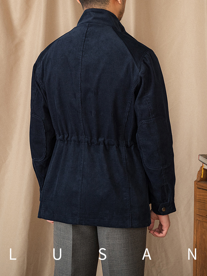 Mr. Lusan hunting jacket navy blue velvety textured back view with adjustable waist and elbow patches