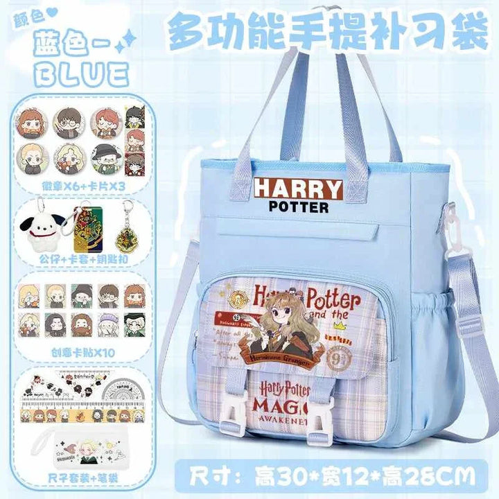 Blue Harry Potter themed multifunctional school backpack with cartoon character design and multiple compartments including front zip pocket and side holders, lightweight and durable.