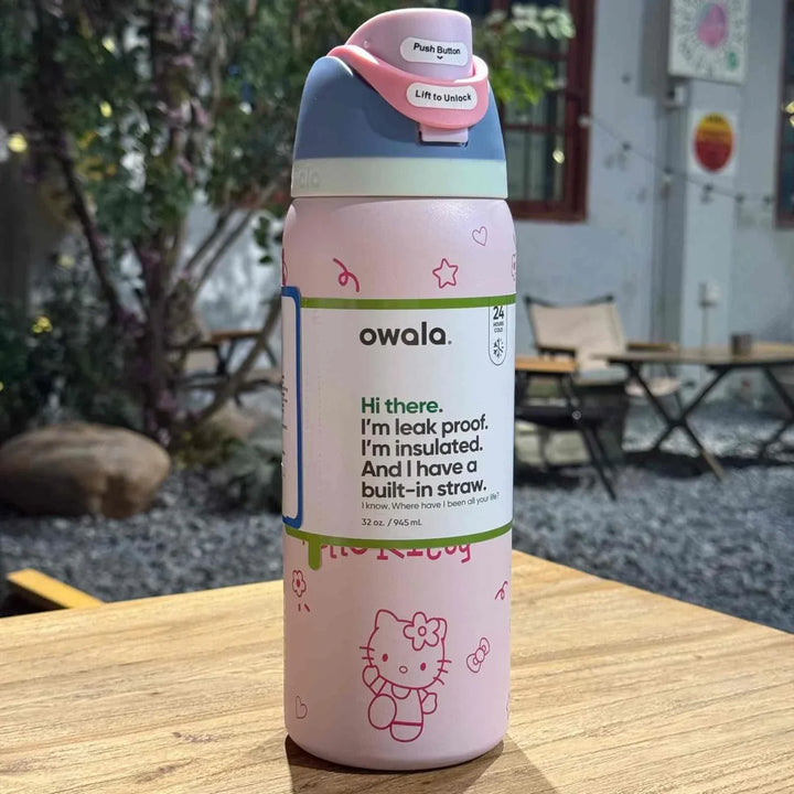 Owala FreeSip Cute Edition pink insulated water bottle with Hello Kitty design and leak-proof lid
