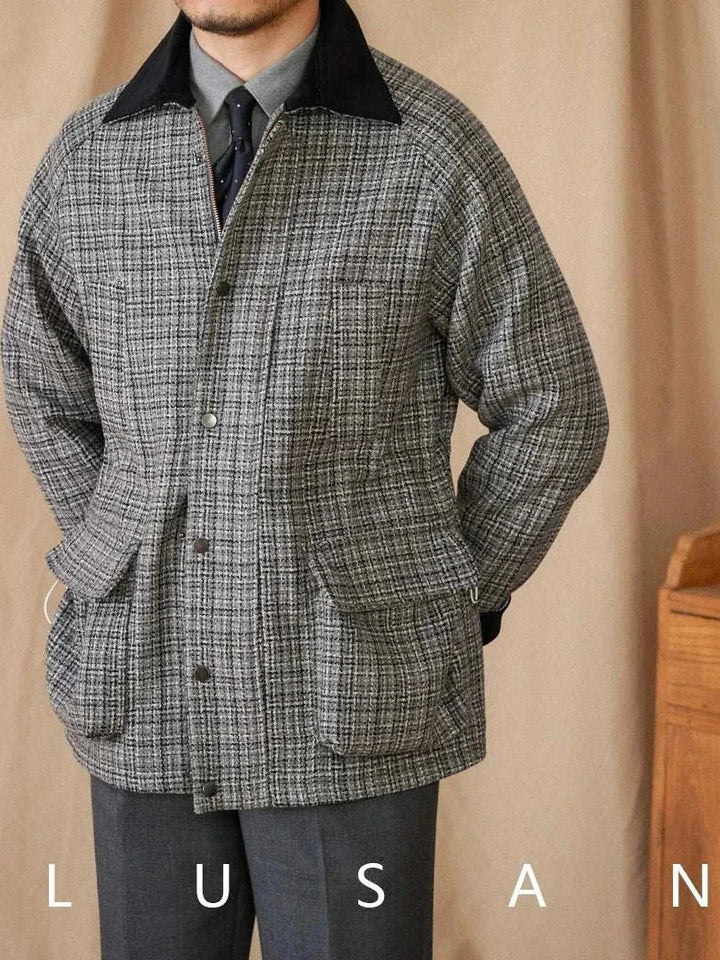 Mr Lusan 50% wool British vintage tweed jacket with black velvet collar and buttoned front pockets