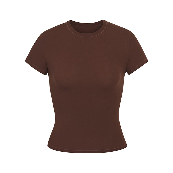 Skims short sleeve slimming shapewear t-shirt in cocoa brown with slim crew neck design.