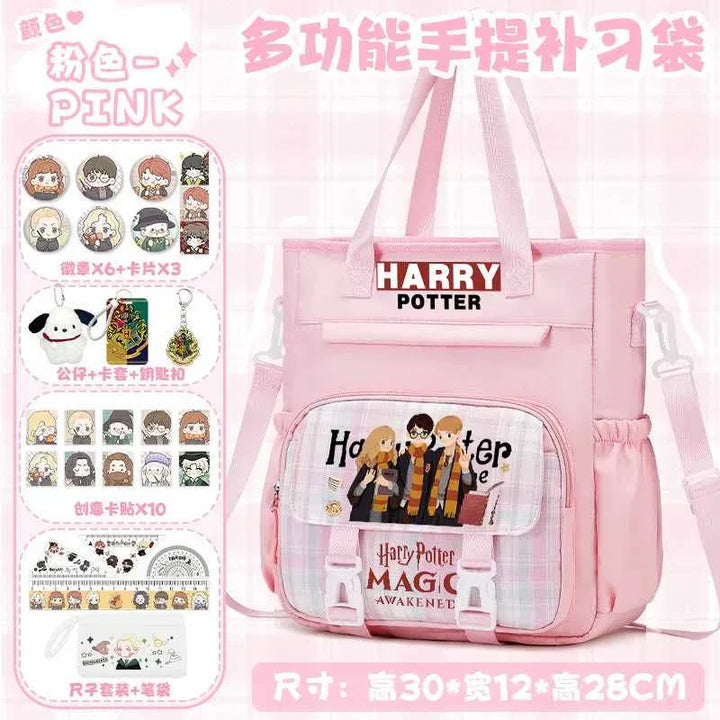 Pink Harry Potter themed multifunctional school backpack with cartoon character design and multiple pockets, includes 27-piece accessory set.