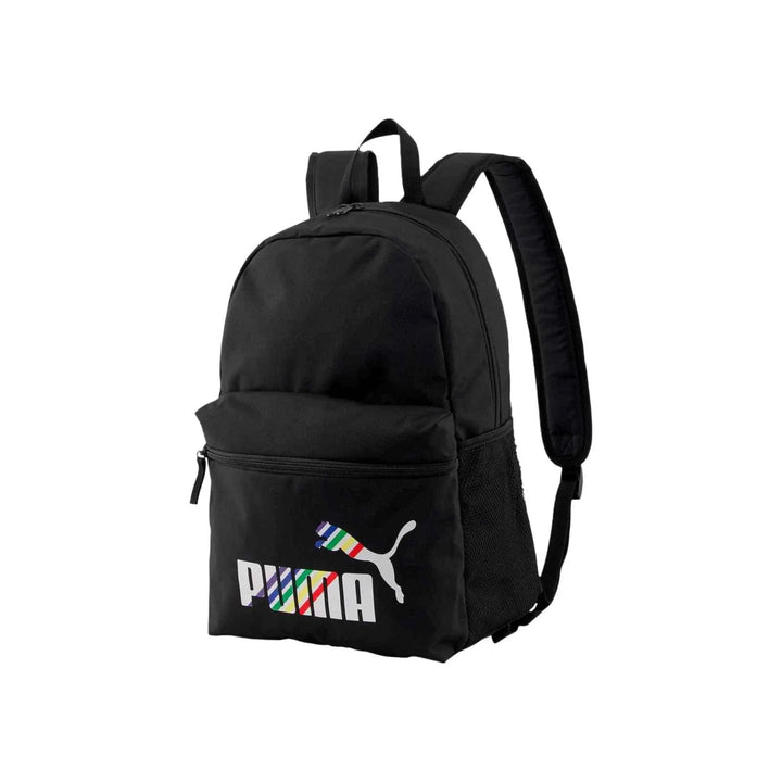 Black PUMA backpack with colorful logo, padded adjustable straps, and front zip pocket for daily and school use