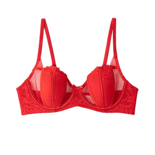 Red SKIMS Kardashian Gathering women's lingerie lace bra with adjustable straps and butterfly design for natural lift and comfort.