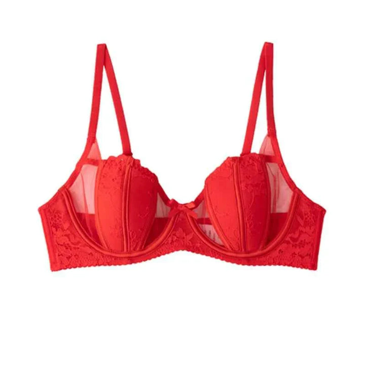 Red SKIMS Kardashian Gathering women's lingerie lace bra with adjustable straps and butterfly design for natural lift and comfort.