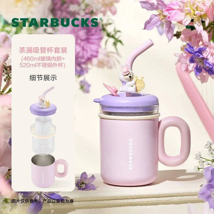 كوب ستاربكس البنفسجي بتصميم زهري أنيق مع غطاء ومصاصة ضد الانسكاب