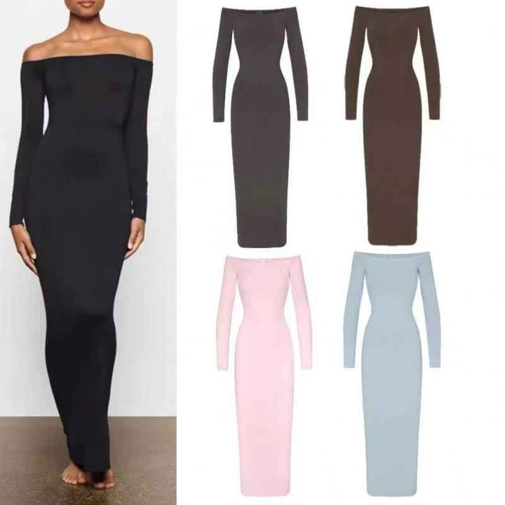 SKIMS off-shoulder long sleeve maxi dress in black, brown, pink, and blue, sleek and elegant design with a fitted silhouette