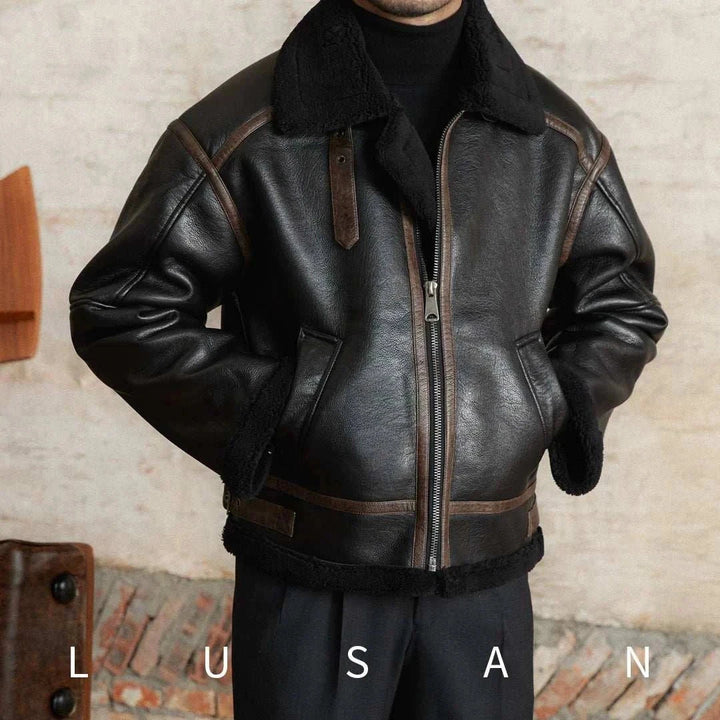 Mr. Lu San leather jacket black with shearling lining and brown trim, stylish warm men's outerwear.