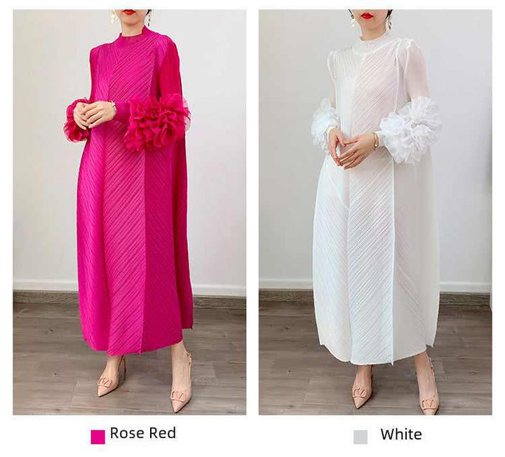 Elegant long loose dress with floral sleeves, solid color, available in rose red and white.