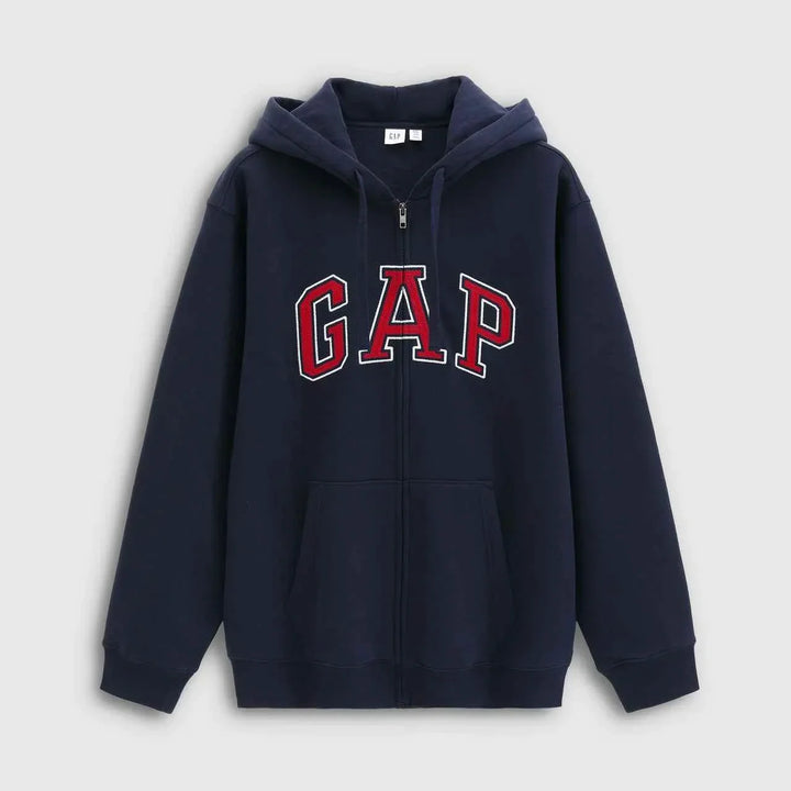 Gap هودي كاجوال كلاسيكي بأكمام طويلة وقبعة مع شعار GAP باللون الأحمر على الخلفية الكحلية