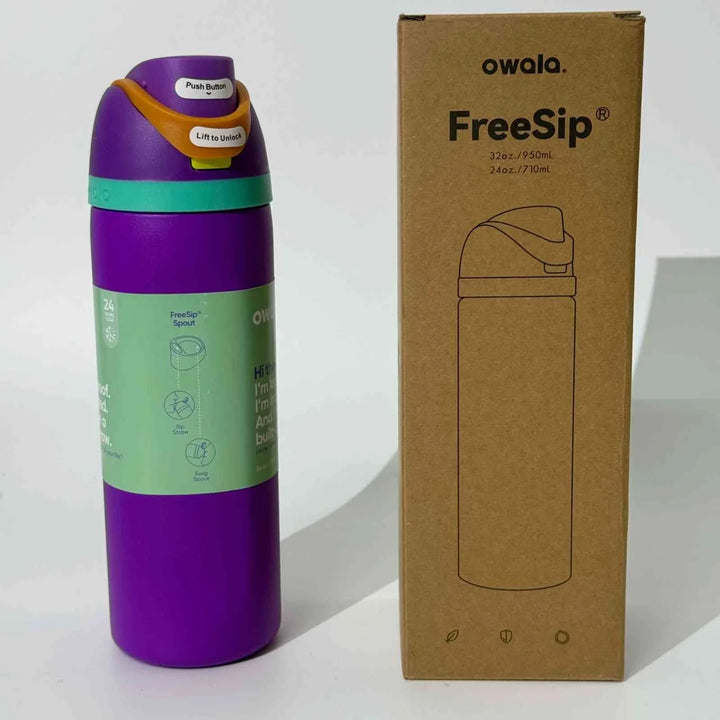 Purple Owala Thermos Cup with FreeSip dual spout design next to its brown packaging box