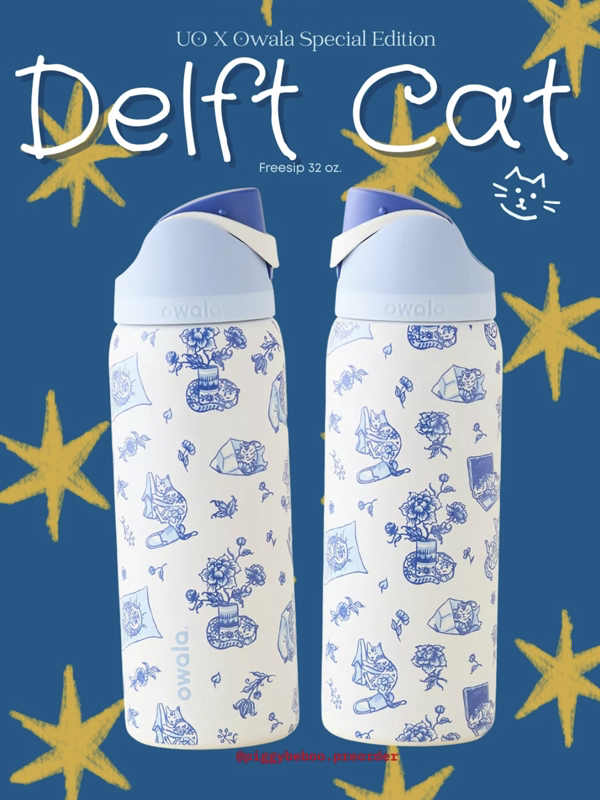Owala New UO Co-Branded delft cat Blue Cat Insulated Cold Cup with Straw Sports Kettle 32oz