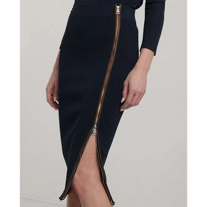 تنورة لورين نسائية بتصميم أنيق بخصر مرتفع وقماش مطاطي مع سحاب جانبي معدني بلون كحلي