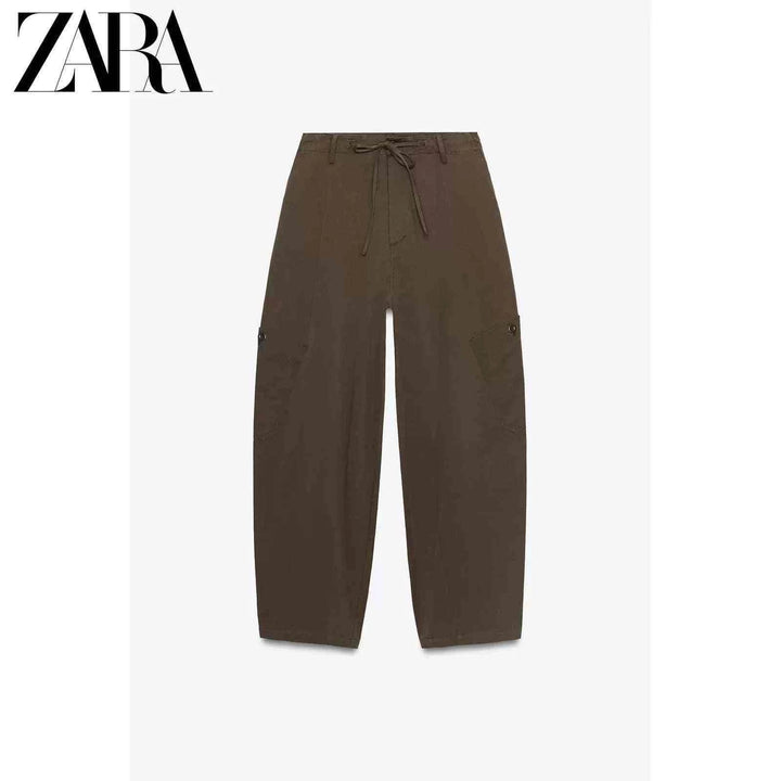 بنطال كارغو بني بقصة منفوشة وسط مرتفع برباط للخصر من مجموعة ZARA2025 لفصل الخريف