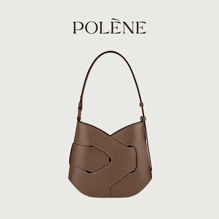 Polène Nodde Hobo bag in brown smooth full-grain cowhide leather with adjustable shoulder strap and minimalist design.