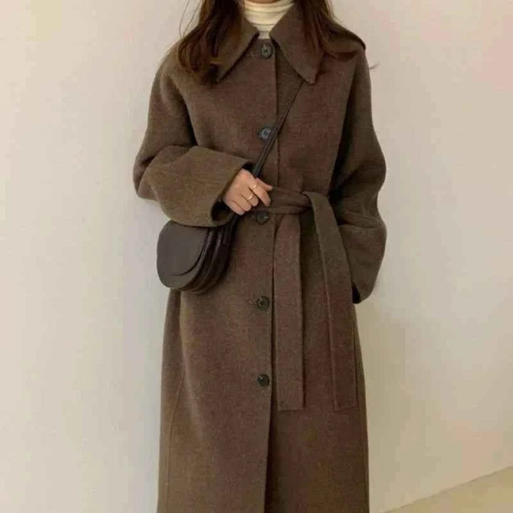 brown long winter coat made from premium goat wool with belt and buttons, elegant warm outerwear for women