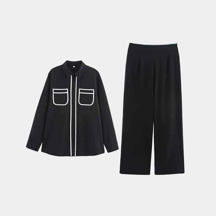 Summer 2025 women's retro contrast black shirt with white trim and straight pants suit set
