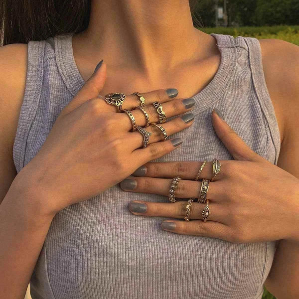 Fashionable style metal ring style metal ring set European and American multi-element geometric hollow distressed ring hand ornament women