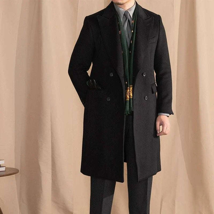 Mr. Lusan gentleman black British double-breasted wool coat with peak lapel collar and button details