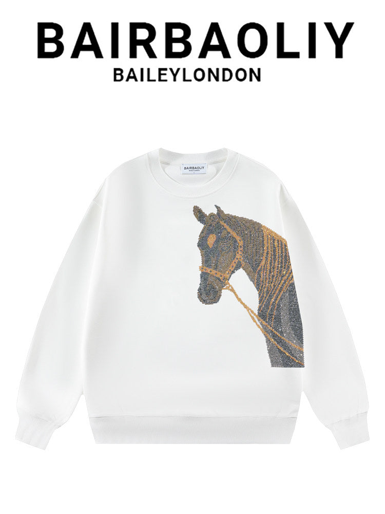 BAIRBAOLIY trendy brand high-luxury full diamond 3D three-dimensional steed sweatshirt light luxury fashion versatile ruffian long-sleeved top