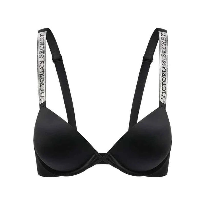Victoria's Secret black bra with rhinestone shoulder straps and shiny logo lettering