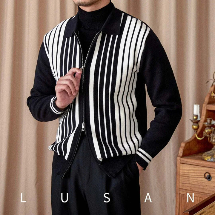 Mr. Lu San British slim knitted cardigan with vertical stripes in black and white, slim fit with double zipper and classic collar.