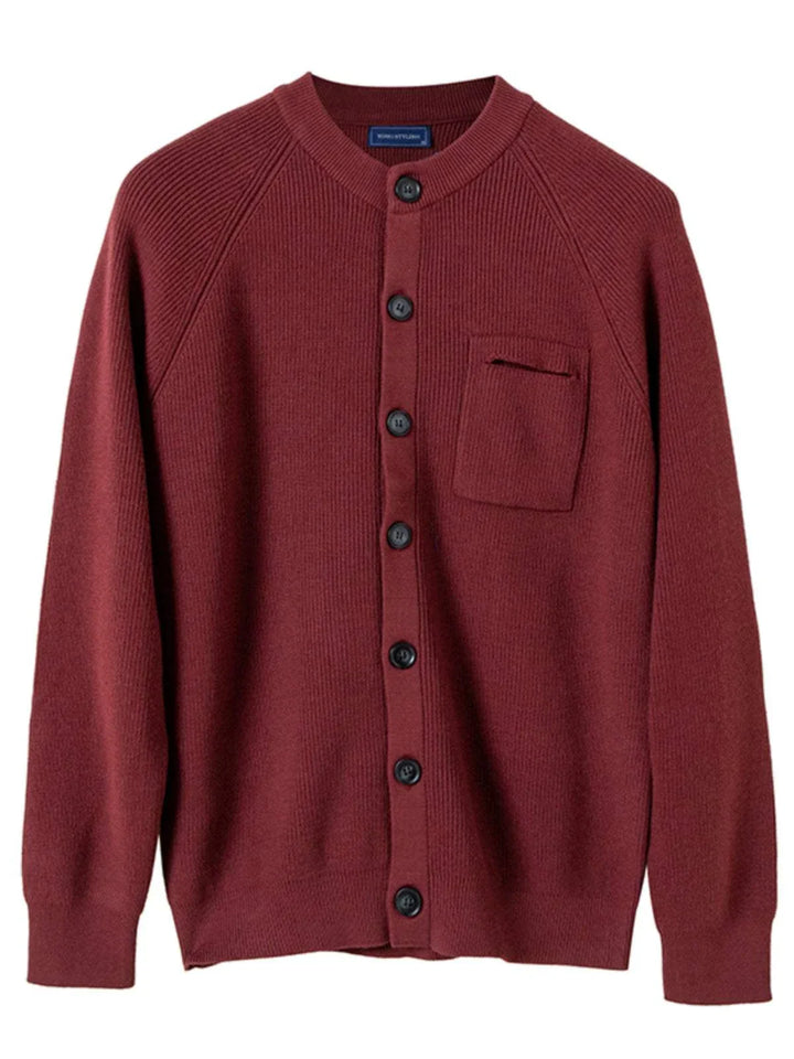 Mr. Lu San British slim burgundy cardigan jacket with front buttons and chest pocket