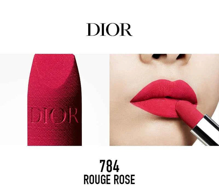 Rouge Dior الكلاسيكية classic red lipstick 784 Rouge Rose with smooth satin finish on lips and embossed DIOR logo on lipstick bullet