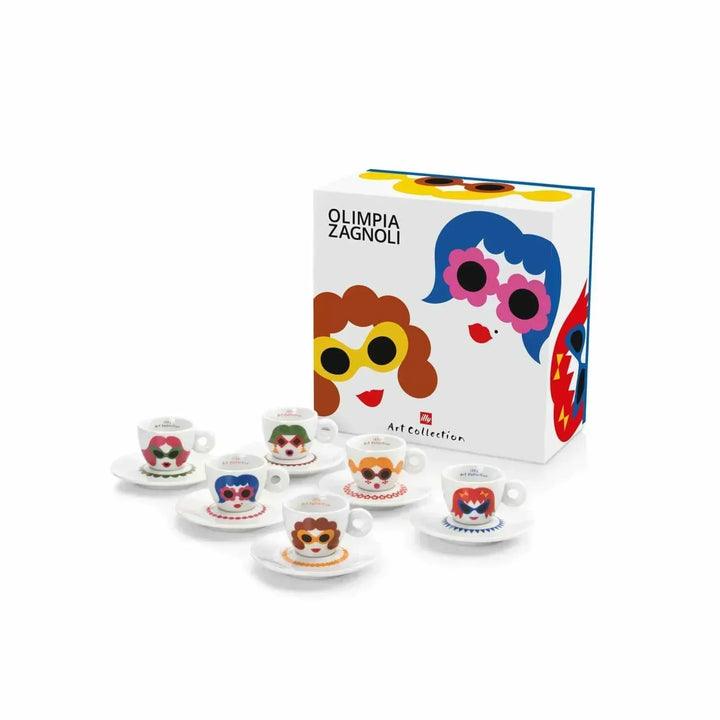 Olimpia Zagnoli illy Art Collection cups set with colorful, retro-styled designs.