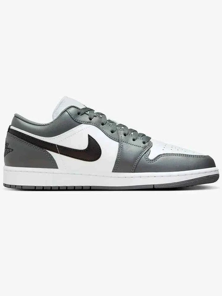 Nike men's shoes Air Jordan 1 Low in white, black, and Iron Grey, featuring a classic design with leather upper and Air-Sole cushioning.