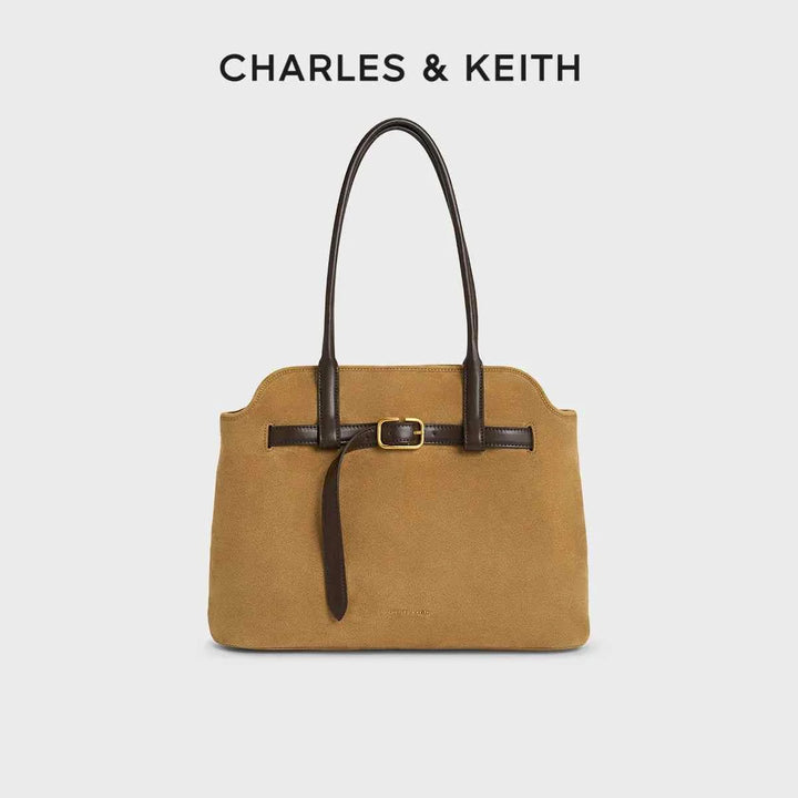 CHARLES&KEITH large shoulder bag with waist strap in beige suede and leather accents