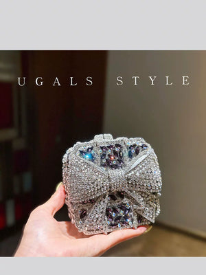 UGALS heavy industry bow versatile full of rhinestones shiny mini banquet change key clutch crossbody box bag