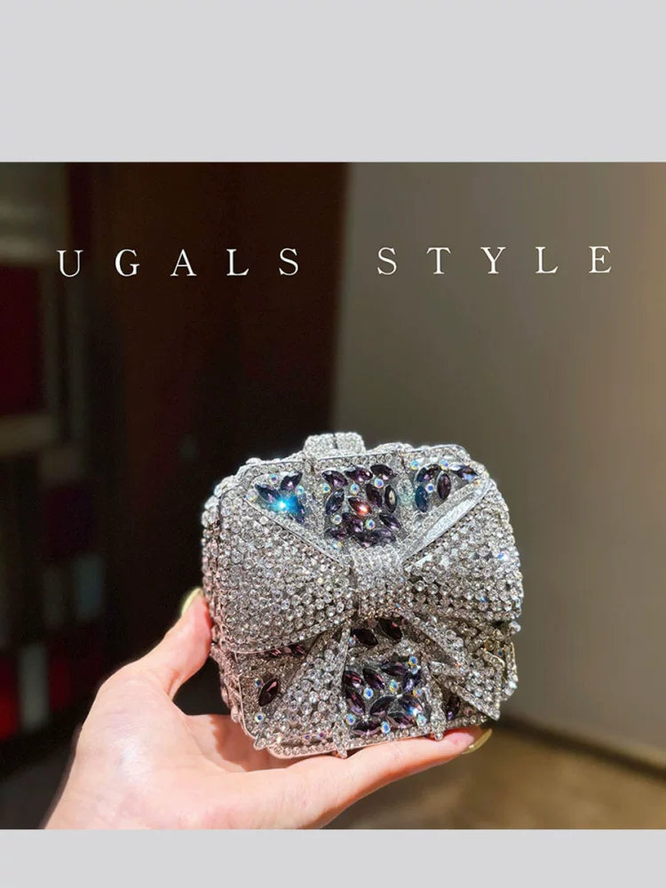 UGALS heavy industry bow versatile full of rhinestones shiny mini banquet change key clutch crossbody box bag